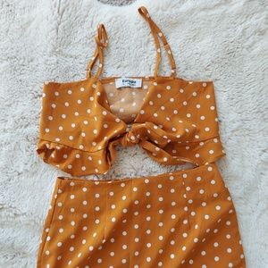 2 piece mustard polka dot midi skirt set